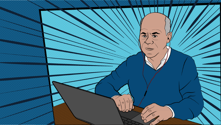 cartoon of man with grey hear, with red earbuds in and wearing blue sweater. earbuds are connected to grey computer and background around the man is abstract dark and light blue and black explosion