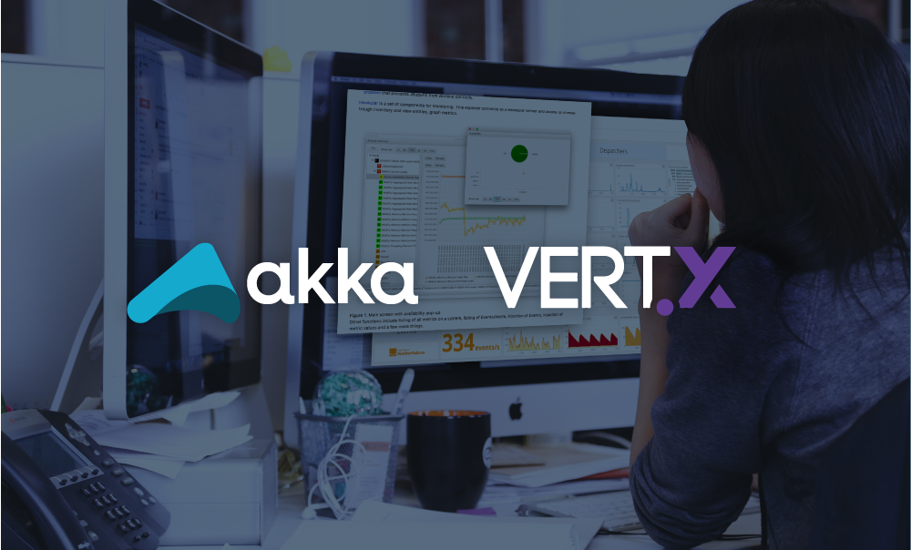 woman looking at 2 computer screens showing multiple colored graphs and dashboards. there is a black transparent overlay on that image and a blue and white akka logo and purple and white vert.x logo are in the middle of the image