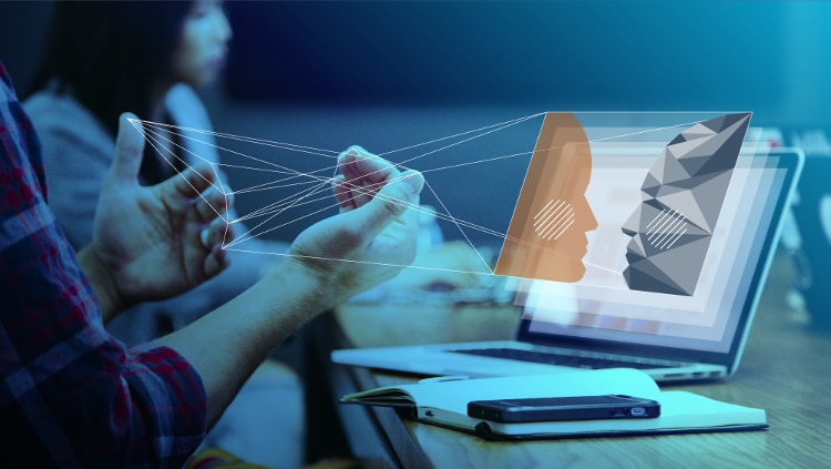 orange and grey abstract face figures hovering away from a silver open laptop screen. man's hands are gesturing to the figures and white lines are connected the hands with the computer in abstract web