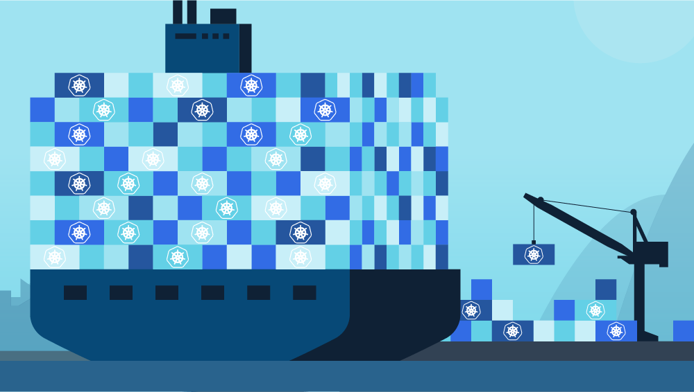 abstract dark blue crane placing shipping containers in shades of blue on a blue boat. shipping containers have white kubernetes ship wheel in middle of it