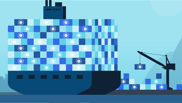 abstract dark blue crane placing shipping containers in shades of blue on a blue boat. shipping containers have white kubernetes ship wheel in middle of it