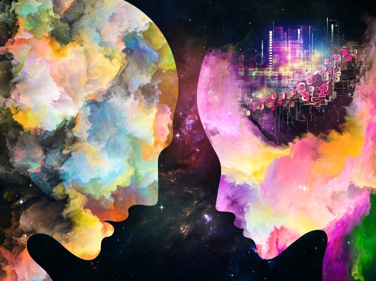 2 abstract head silouettes made of multicolored clouds. in middle of head on the right, there are large pink block numbers coming together in a pink light