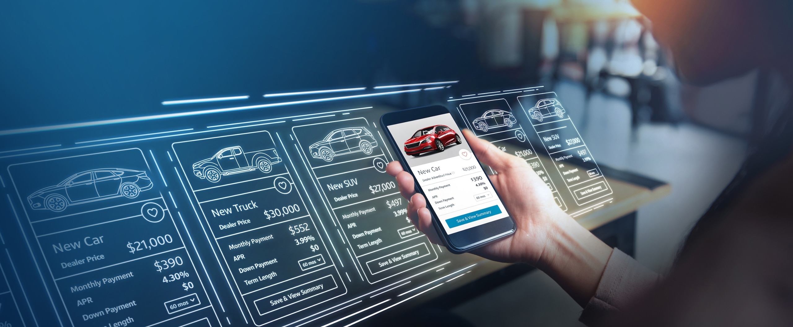 anonymous figure holding a phone with red car, black text, and large blue button on the screen up to a larger black screen with white outlines of different kinds of cars and white text
