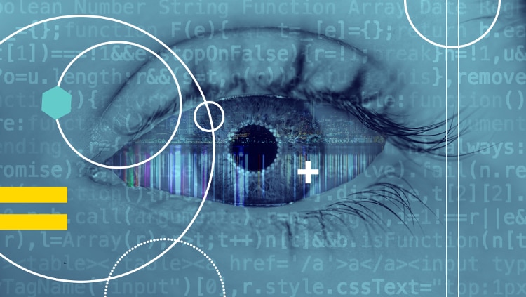 human eye with transparent light blue gradient image treatment on it. grey lines of code repeat over the image