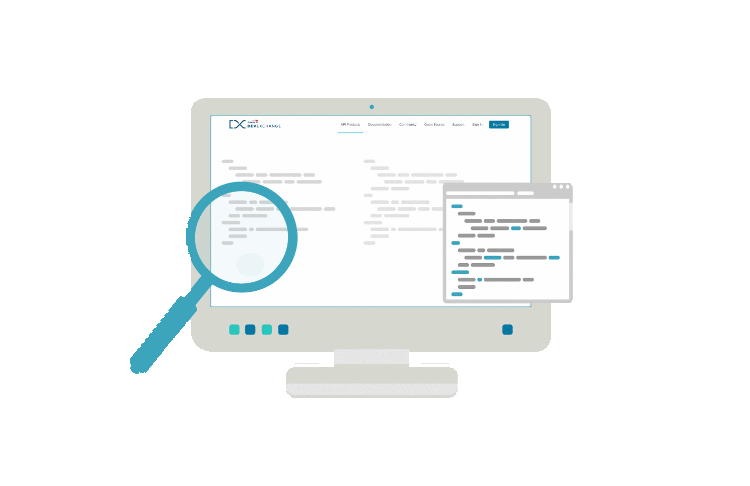 animated gif of blue magnifying glass examining a grey computer with white DevExchange screen. Grey rectangles arranged in lines are moving upwards as if someone were scrolling down the page