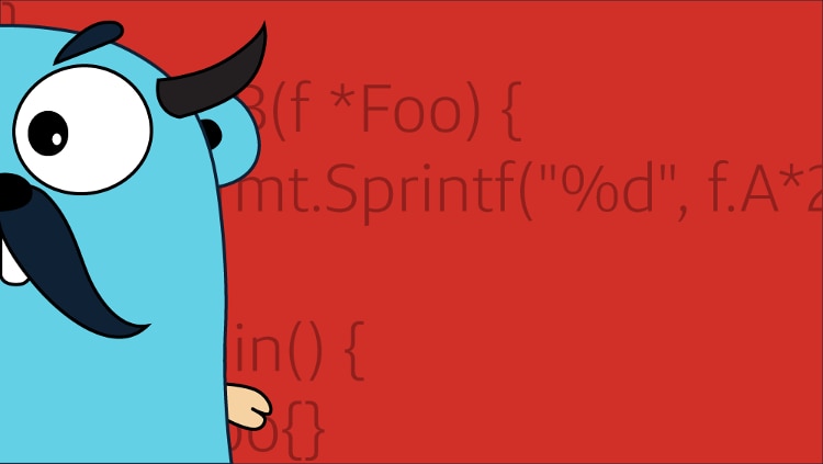 half of blue golang gopher with black mustache cut off on left side of image, with red background and dark red lines of code