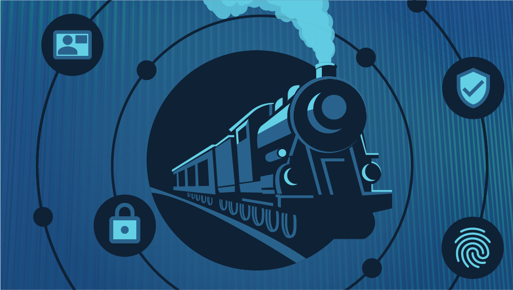 lines in shades of blue in background with concentric dark blue circles with scattered dark blue points on them. points have light blue icons in middle - fingerprint, lock, rectangular ID card, shield with check mark. on inside of smallest concentric circle is a dark blue steam engine coming towards you