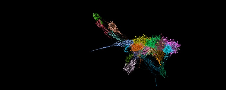 Graph with lots of groupings of multicolored dots on a black background