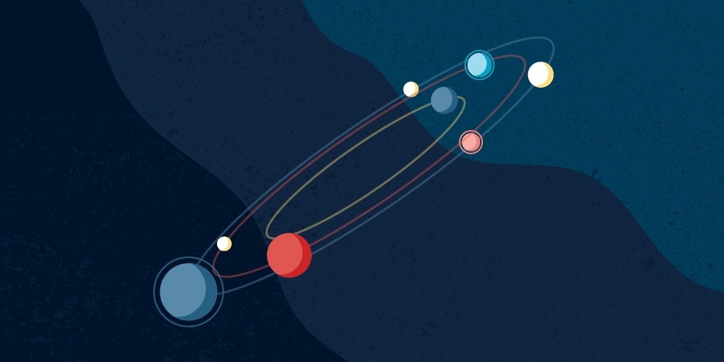 Illustration of the solar system with brightly colored planets in orbit