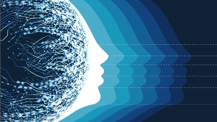 abstract sphere made of blue, green, and white connected lights. a white silhouette of a face is coming out of it in and replicating into darker shades of blue to navy