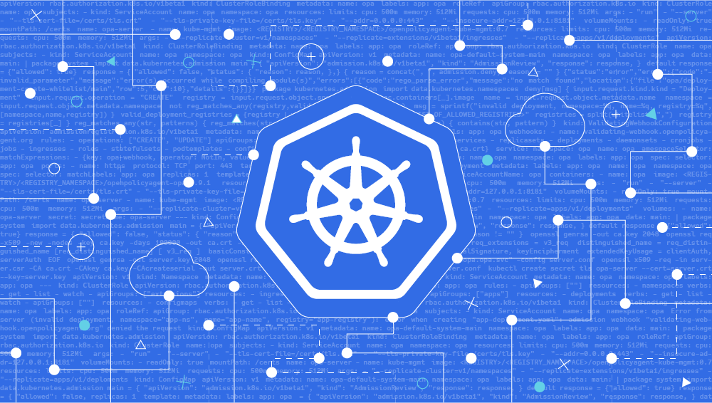 blue background with lines of code written in grey, with white kubernetes ship wheel logo in the middle of image. there are lines with dots connecting clouds to the kubernetes logo