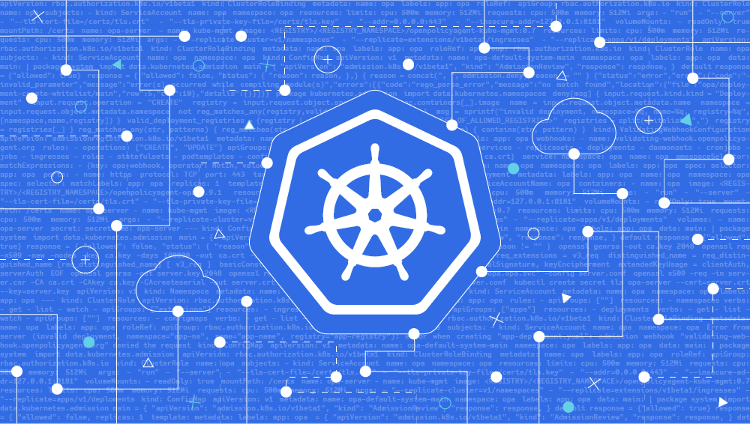 blue background with lines of code written in grey, with white kubernetes ship wheel logo in the middle of image. there are lines with dots connecting clouds to the kubernetes logo