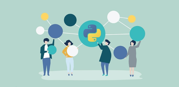 Animated men and women holding a web blue, white, teal, and yellow globes, connected to a light teal globe with the blue and yellow Python logo in the middle
