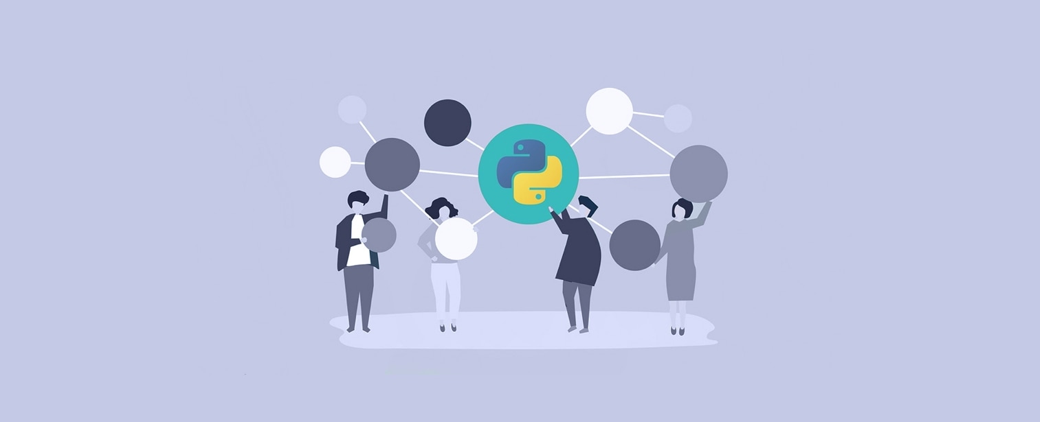 4 male and female figures in shades of purple holding up white, grey, and purple circles that form a web connected by white lines. in middle of web is turquoise, yellow, and blue python circular logo