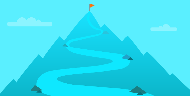 Illustration of a blue mountain with a winding path going up the side.