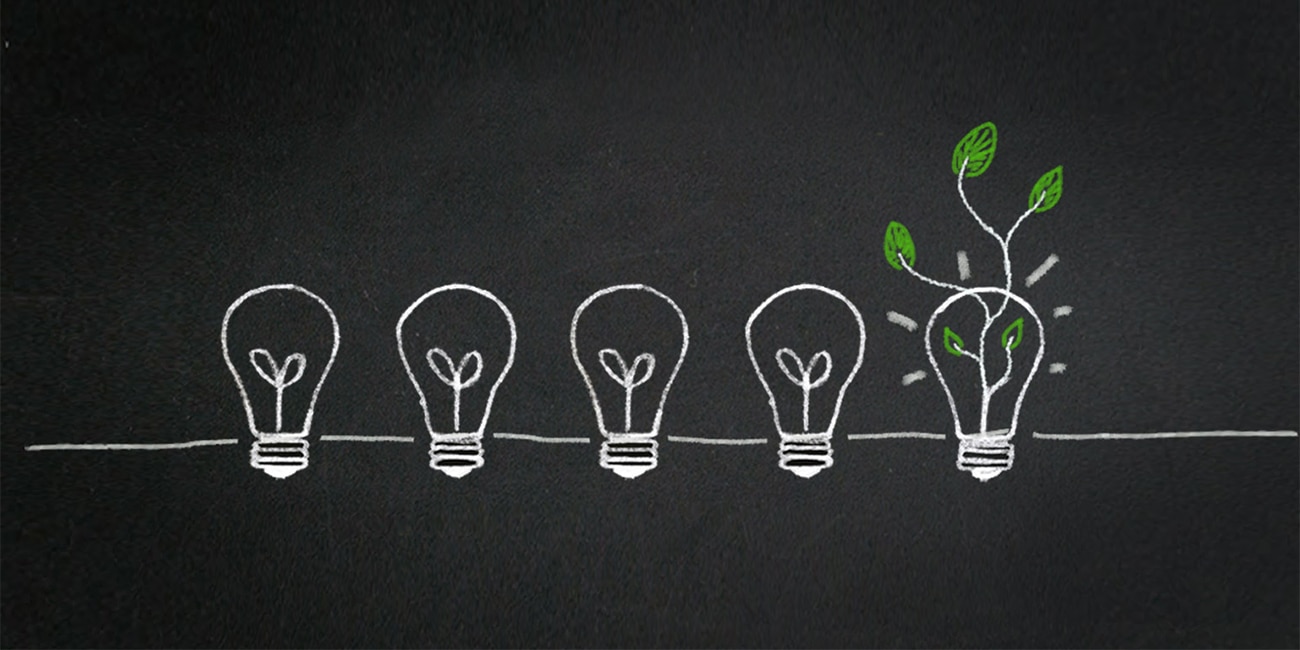 5 lightbulbs in a row on a chalkboard, with the last one sprouting a tree with green leaves