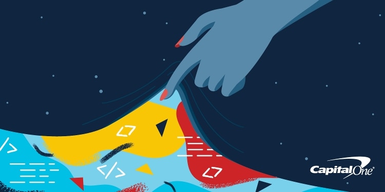bluish grey female hand with red nailpolish pulling back navy cloth to reveal abstract blue, red, and yellow shapes with white and navy doodles scattered around them
