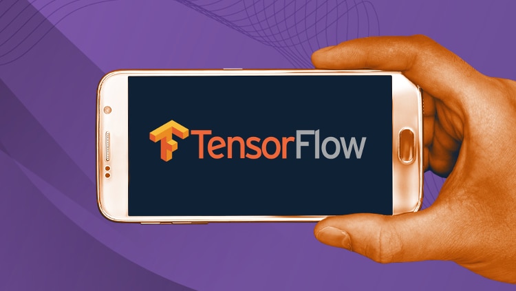 abstract background in shades of purple, with hand holding a white iphone with a black screen and orange and grey tensorflow logo on it