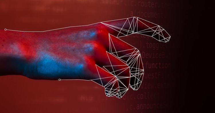 person's hand in shades of red and blue. white lines in outline the fingers and create geometric shapes at the fingertips