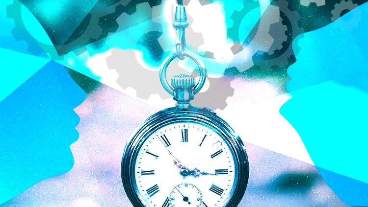 A pocket watch against a background of gears and cogs in bright blues