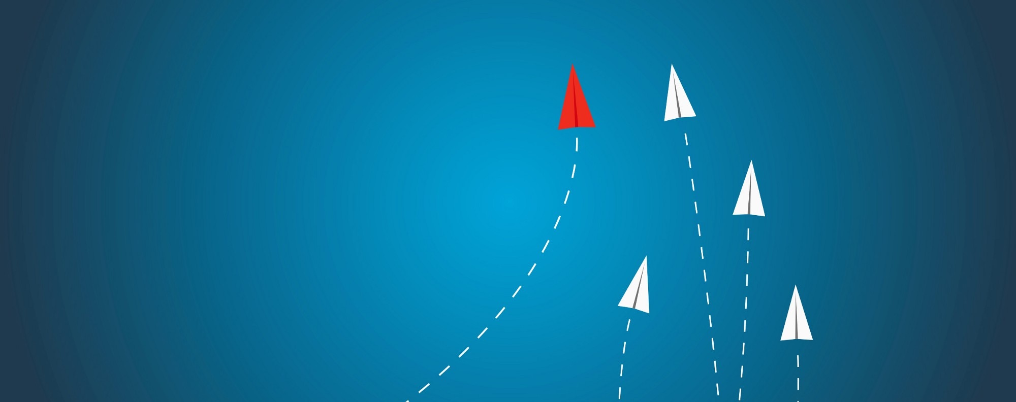 blue and black gradient background and white and red paper plans with dotted trails behind them