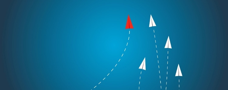 blue and black gradient background and white and red paper plans with dotted trails behind them