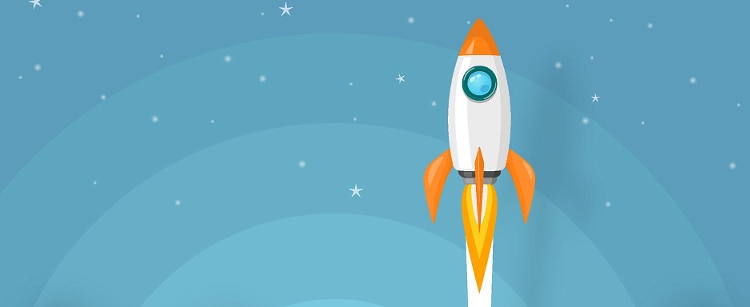 white and orange rocketship blasting off into blue sky