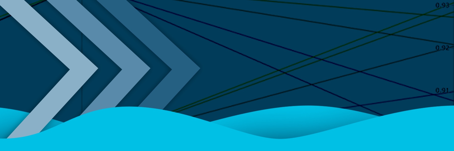 turquoise blue waves against a navy blue background with 3 light blue chevrons going across from the left