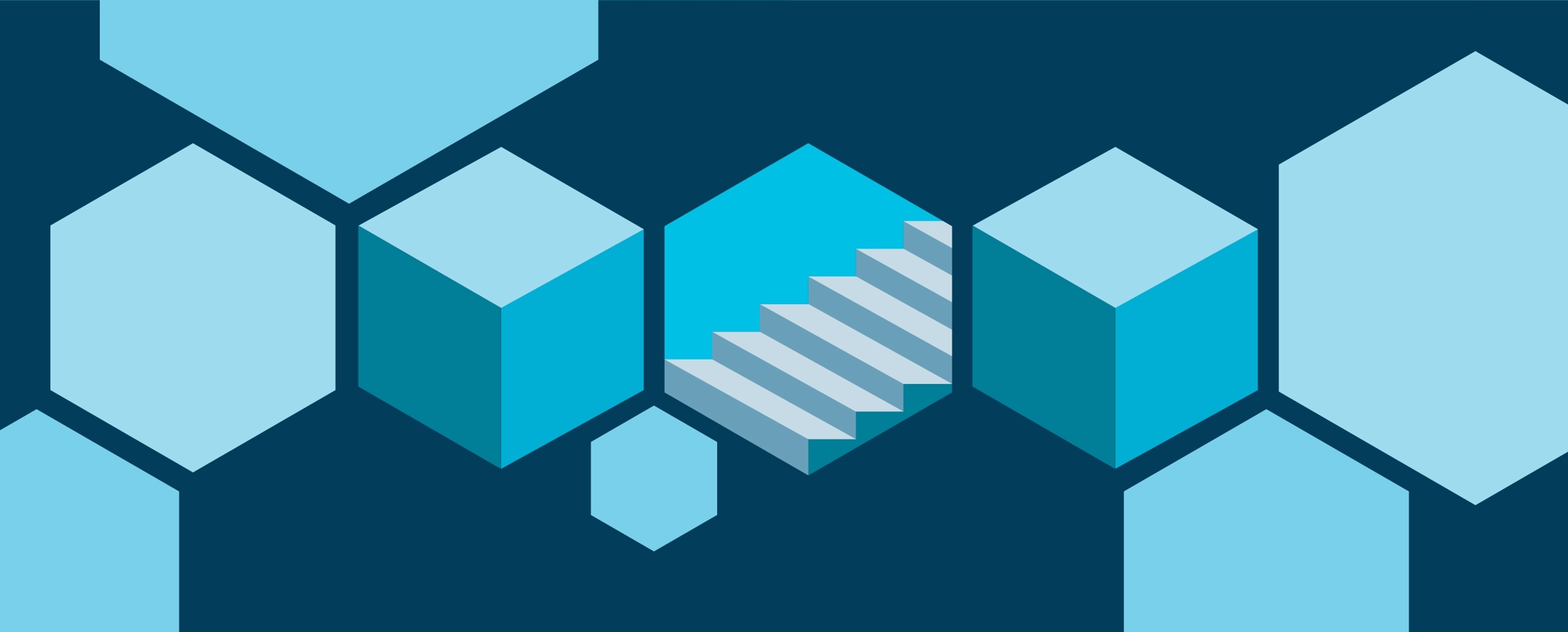 A field of bright blue cubes and hexagons against an indigo background. The center haxagon has stairs inside it.