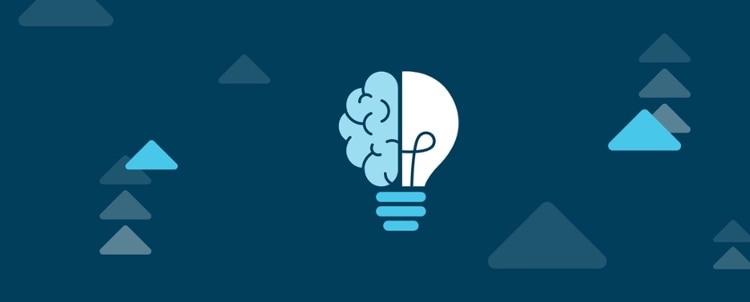 A blue background with a pattern of light blue triangles. In the center is a drawing of a lightbulb where the glass portion is a brain.