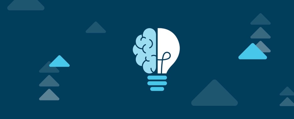 A blue background with a pattern of light blue triangles. In the center is a drawing of a lightbulb where the glass portion is a brain.