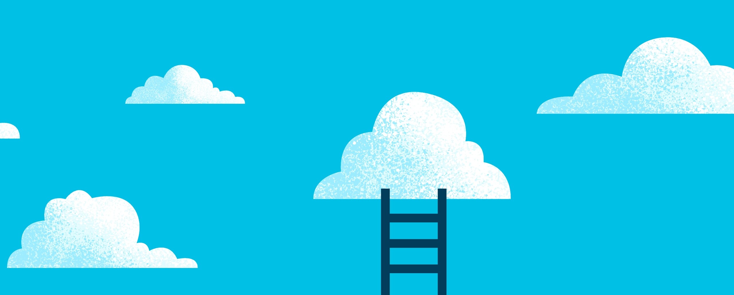 vector image of navy ladder leading up to white clouds with pixelated blue dots in them, in a turquoise blue sky